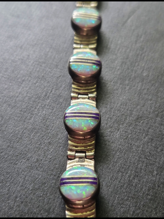 QF Jewelry - Vintage Sterling Silver Southwestern Fire Opal Inlay Link Bracelet QF 925